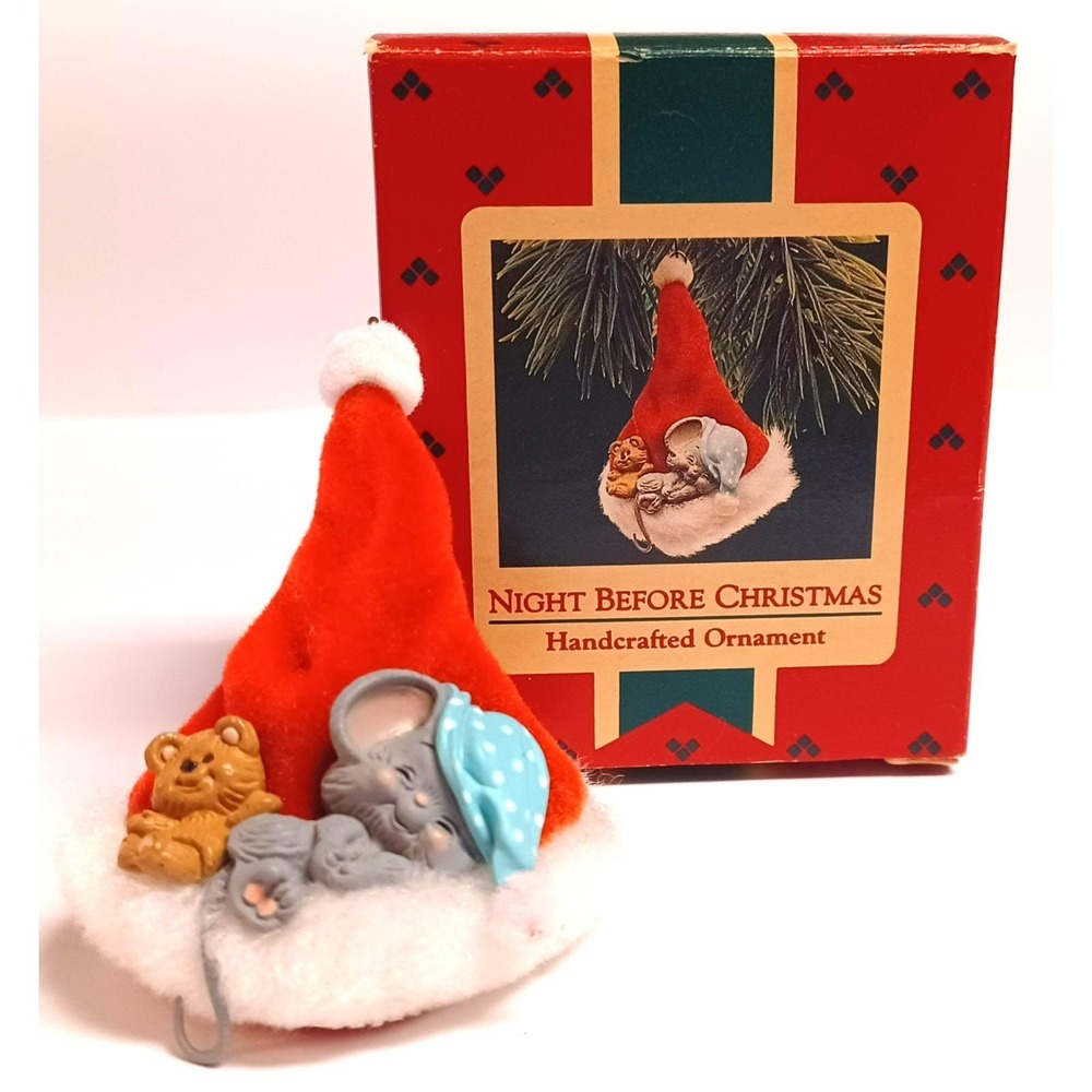 Vintage 1987 Hallmark Night Before Christmas Mouse Santa Hat Ornament Box QX4517